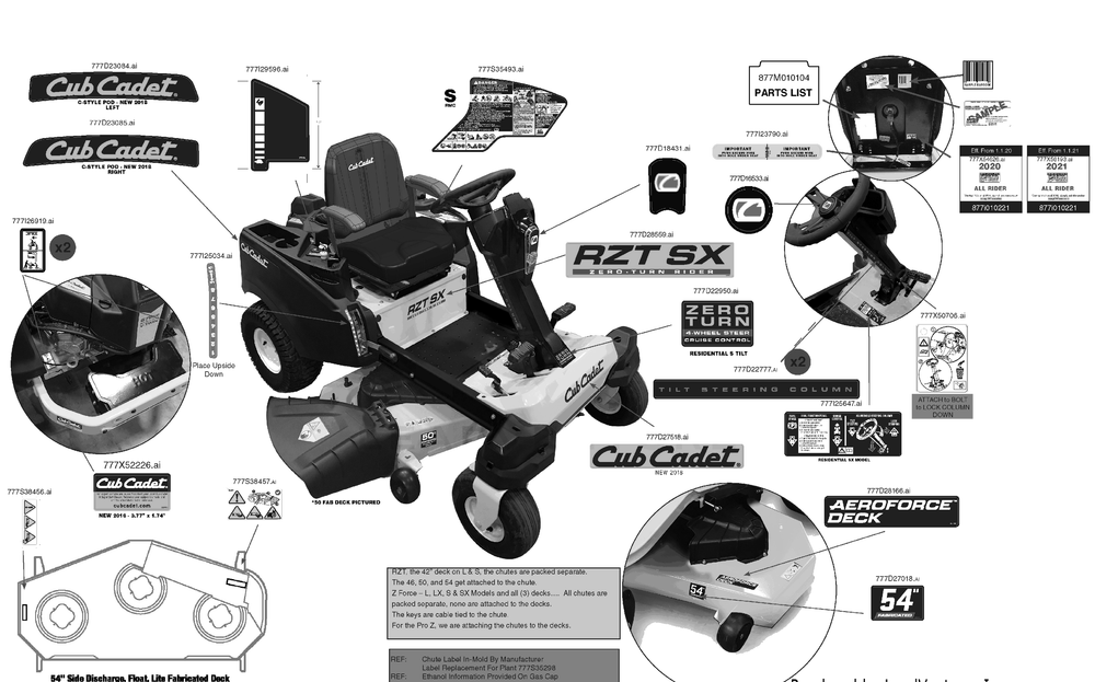 Label Map Diagram and Parts List for RZT-SX54KW (17RICBYA010)(2021) Cub Cadet Lawn Tractor